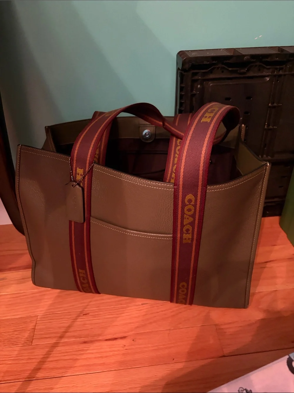 Coach Olive Green Leather Tote with Maroon Branded Straps - Picture 1 of 3